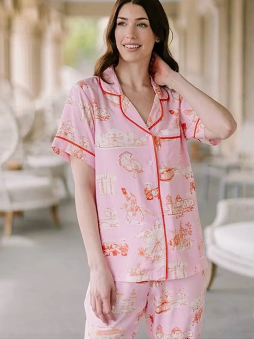 Katie Kime San Antonio Toile Woven Pink Pajama Pants Set